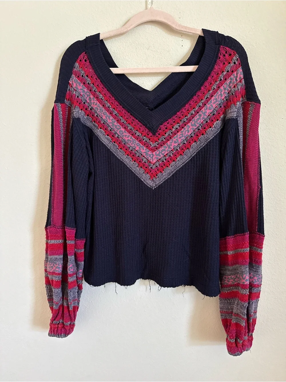 Free People Copenhagen V-neck Navy Blue Thermal Long Sleeve size XS